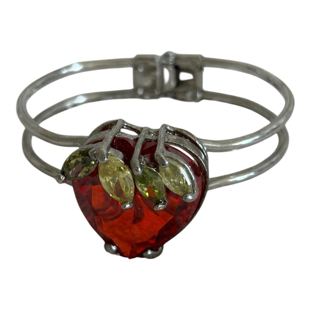 Wrist Cuff Bracelet with Heart Shape Stone 6.5" Women's Red/Silver